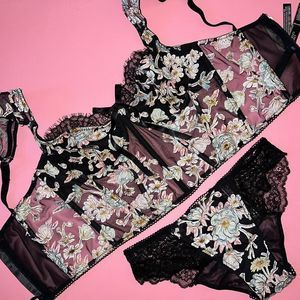 Victoria's Secret longline 32D BRA SET XS panty BLACK floral applique embroider